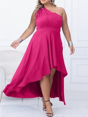 Hot Pink One Shoulder High Low Flowy Formal Party Dress XL